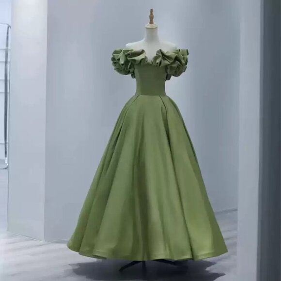 Handwork Dresses & Skirts - Statement Olive Green Off-Shoulder Ruffled Neckline Maxi